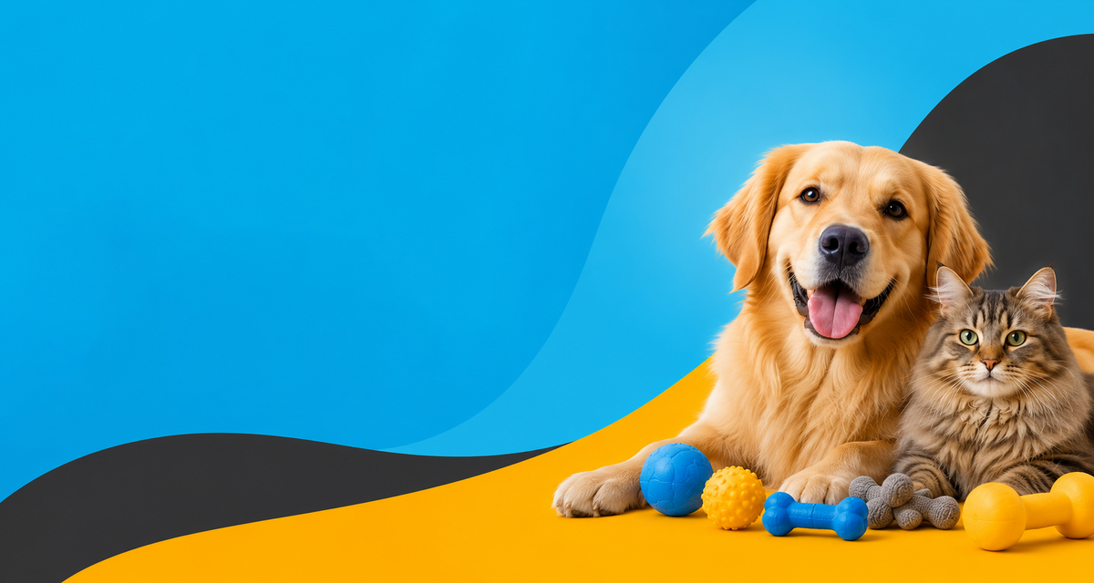 Perro golden retriever y gato junto a juguetes, sobre fondo azul y amarillo.