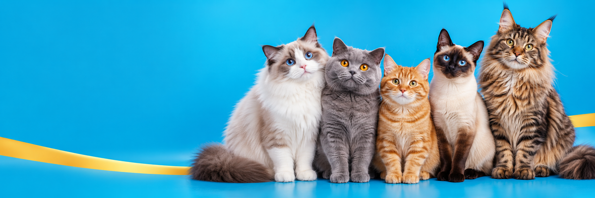 Gatos de distintas razas sobre fondo azul y amarillo