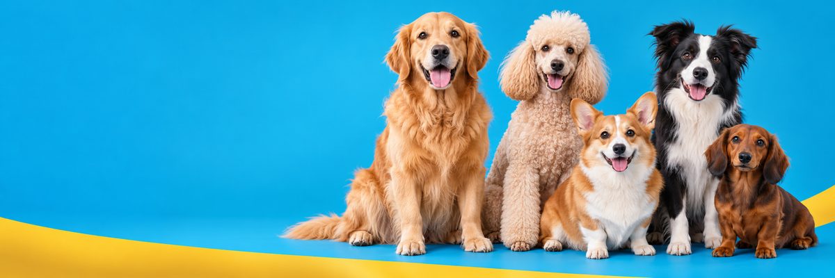 Perros de distintas razas sobre fondo azul y amarillo